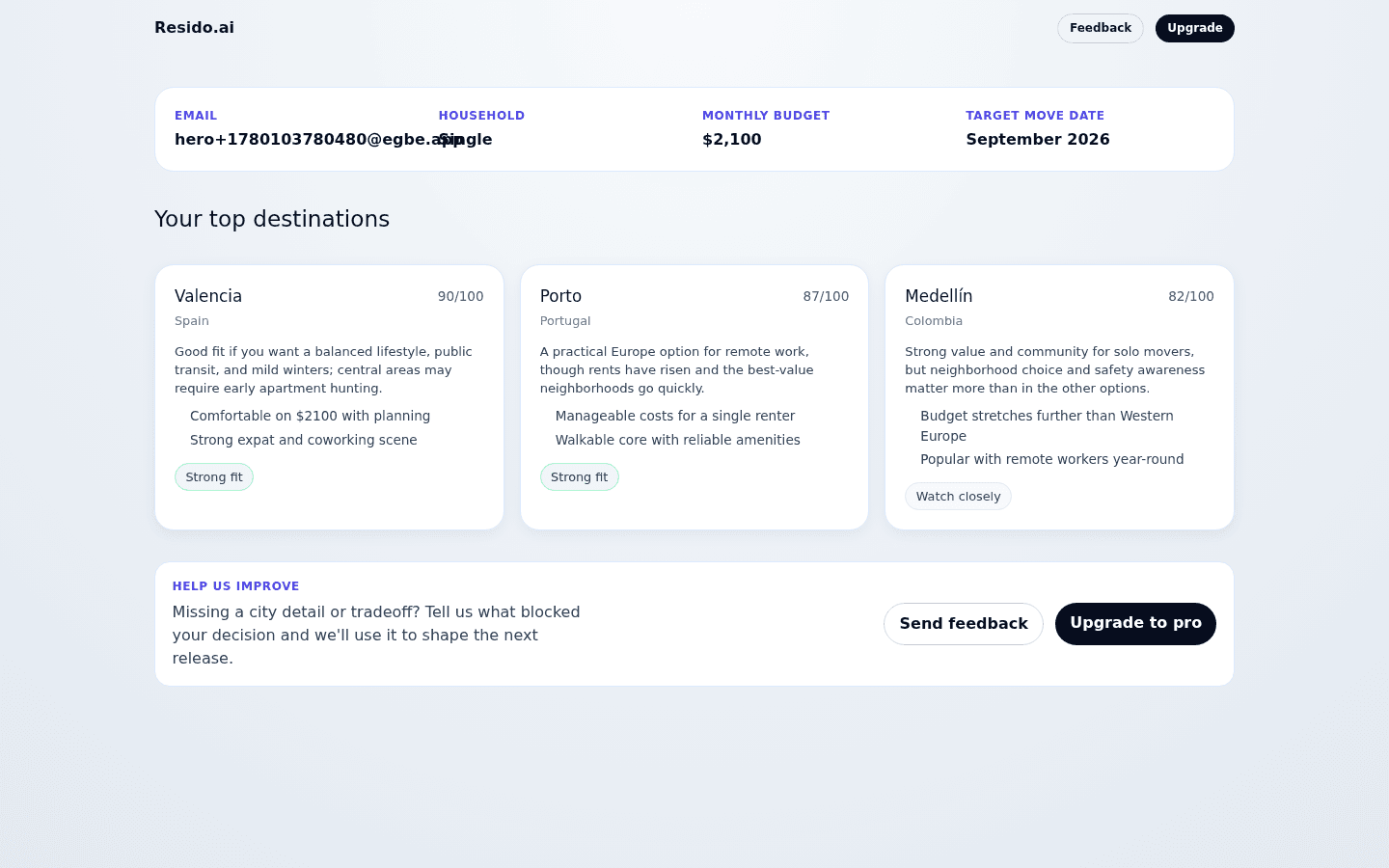 Resido dashboard showing top destination recommendations after onboarding